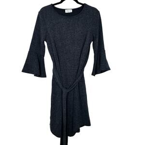 Emelia Bell Sleeve Belted Tie Dress Size Medium Charcoal Gray Minimalist Career